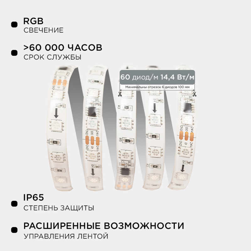 Комплект адресной светодиодной ленты Apeyron 24В 14,4Вт/м smd5050 60д/м IP65 2м RGB (адаптер питания, контроллер) 10-95