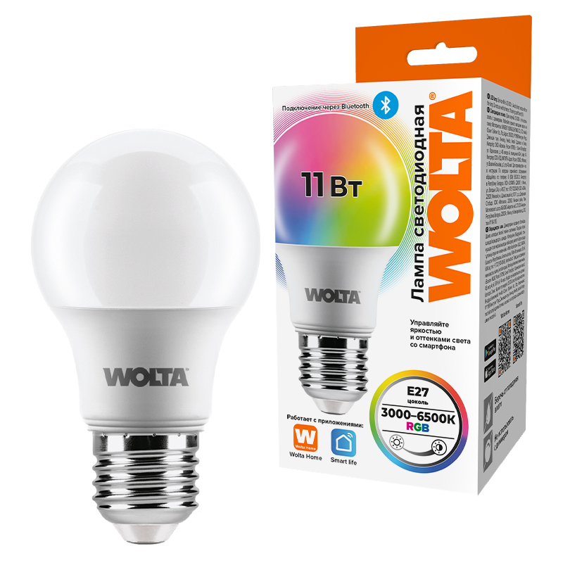 Светодиодная лампа диммируемая WOLTA SMART E27 11Вт RGBW-MIX груша матовая WSTD-A60-11WRGBE27-SH
