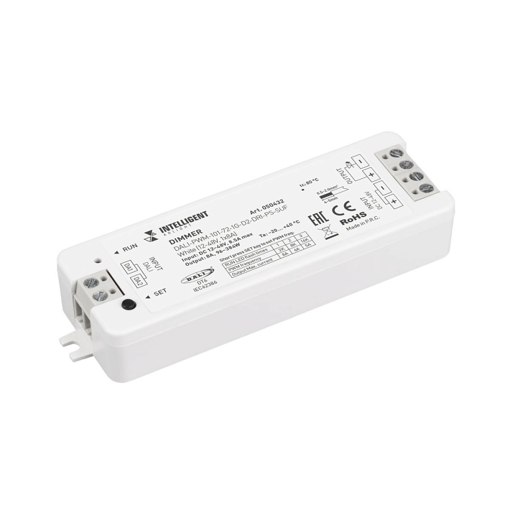 Одноканальный диммер для светодиодной ленты Arlight DALI-PWM-101-72-1G-D2-DRI-PS-SUF White (12-48V, 1x8A) (IARL, IP20 Пластик) 050432