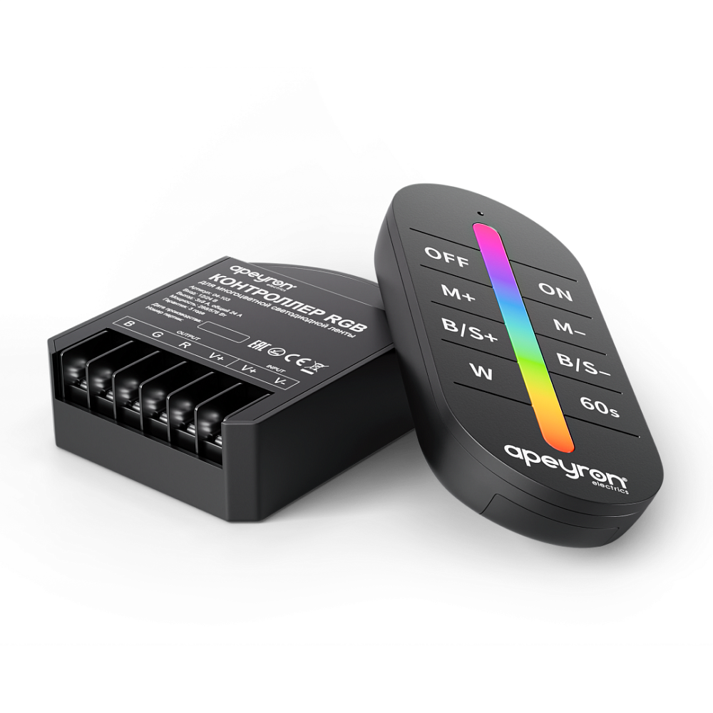 Контроллер RGB 12В/24В, 288вт/576Вт, 3 канала, 24А, IP20, ПДУ RF сенсорный (без батареек) Apeyron 04-103