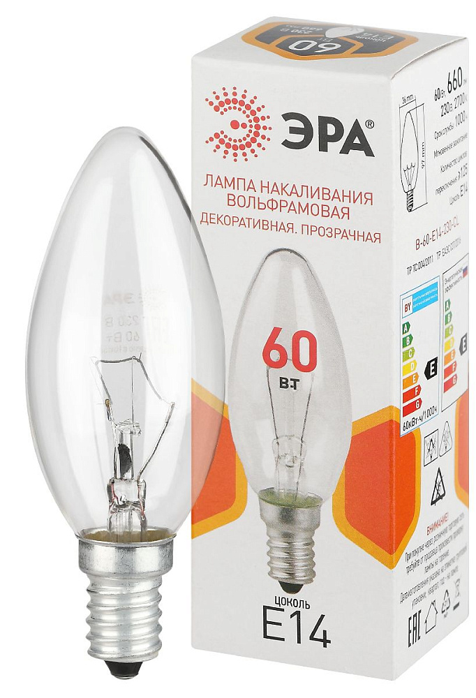 Лампа накаливания Эра B-60-E14-230-CL свечка Б0066551