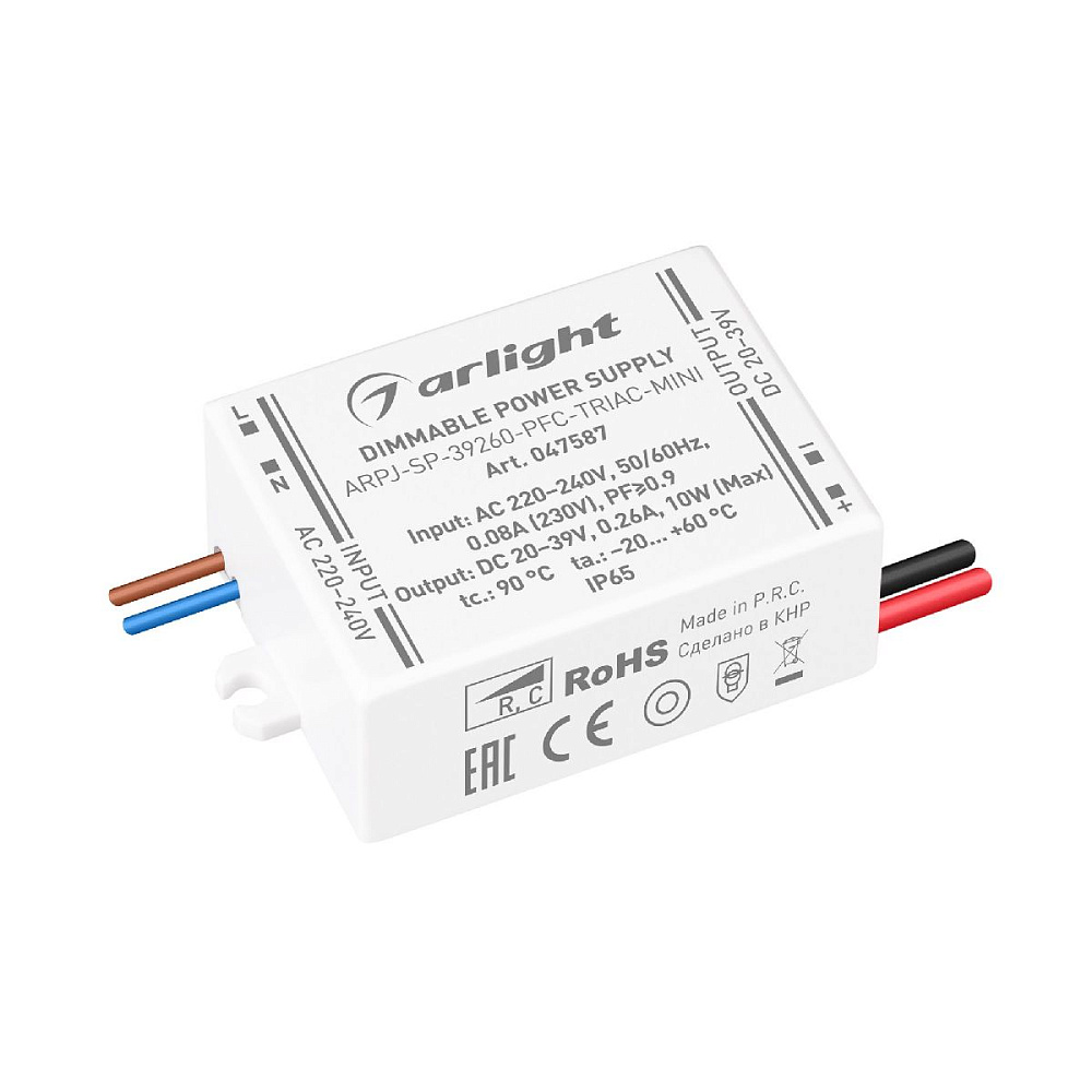 Блок питания Arlight ARPJ-SP-39260-PFC-TRIAC-MINI (10W, 20-39V, 260mA) 047587