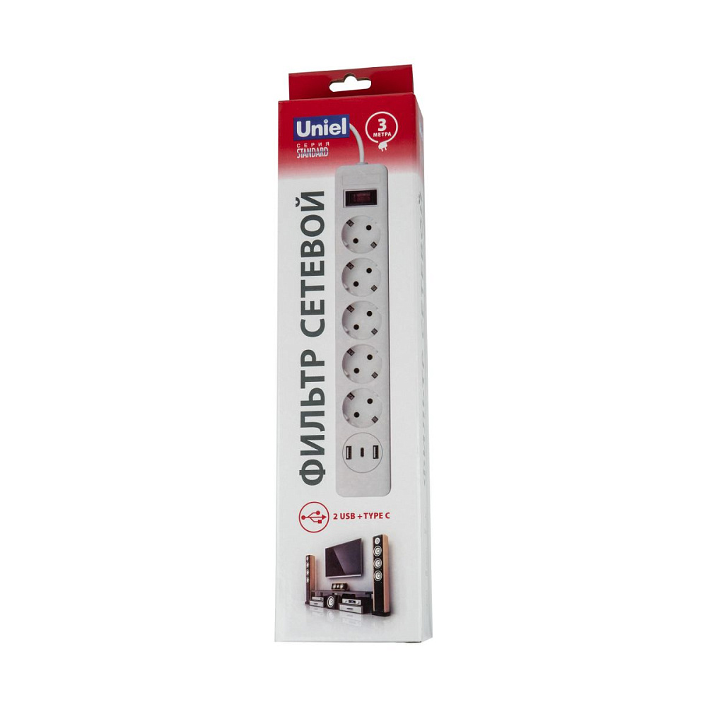 Сетевой фильтр серии Standard. шнур 3м Пвс 3х0.75. 5 гнезд. с-з. 2USB+1TYPE C. 10A. 2500Вт Uniel S-GSR5-3 U2C1 WHITE/GREY UL-00012109