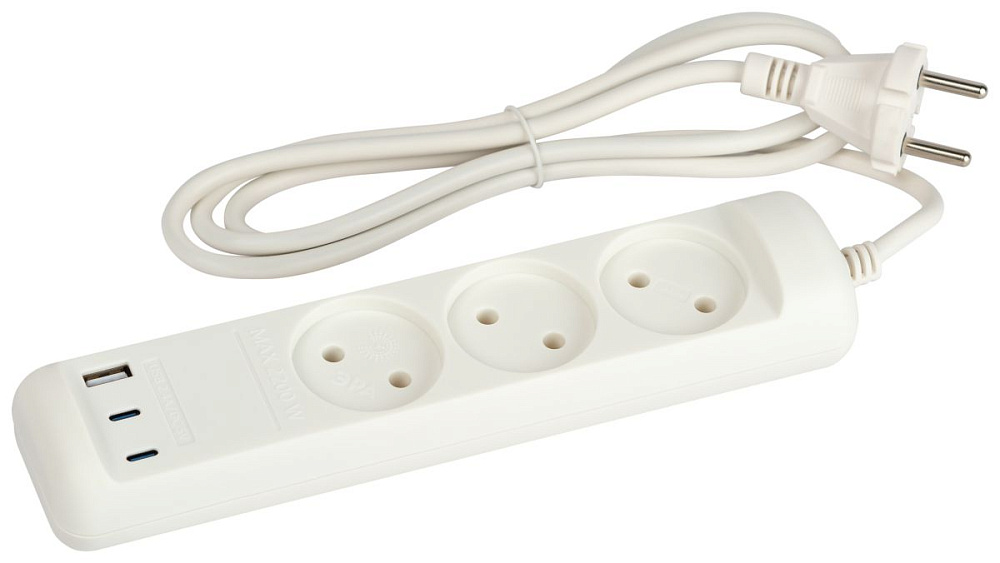 Удлинитель Эра U-3-1,5m-USB-W 3 розетки + 3xUSB A+C 1,5м 10А белый Б0069075
