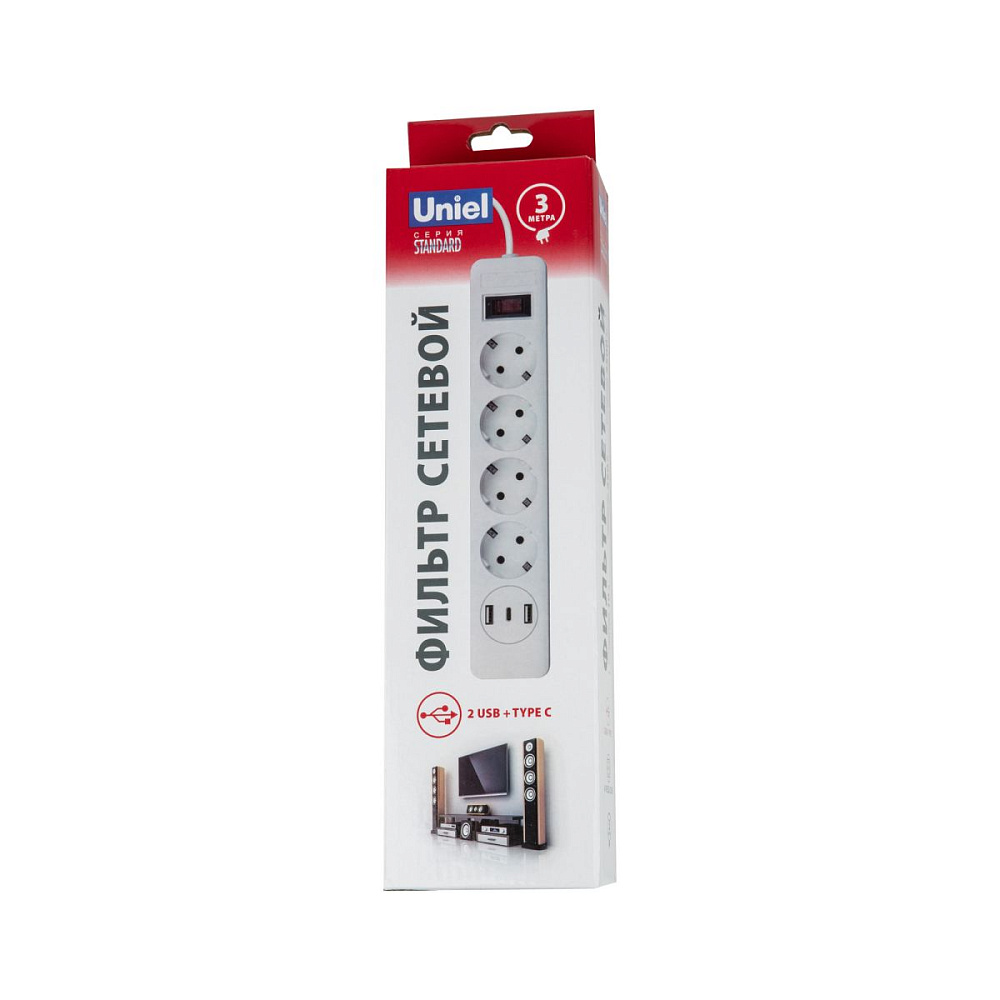 Сетевой фильтр серии Standard. шнур 3м Пвс 3х0.75. 4 гнезда. с-з. 2USB+1TYPE C. 10A. 2500Вт Uniel S-GSR4-3 U2C1 WHITE/GREY UL-00012108