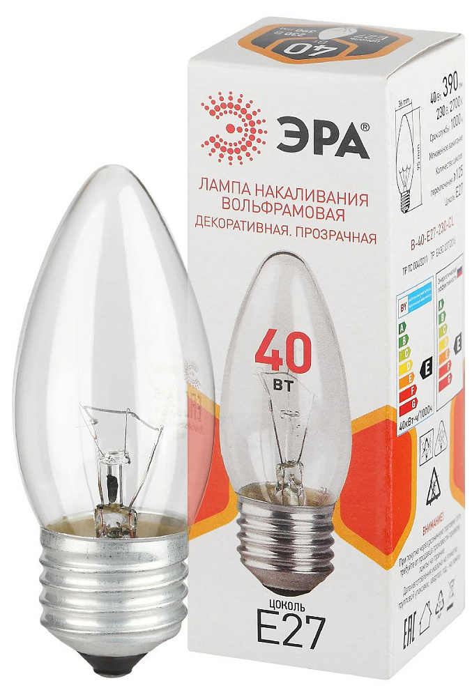 Лампа накаливания Эра B-40-E27-230-CL свечка Б0066505