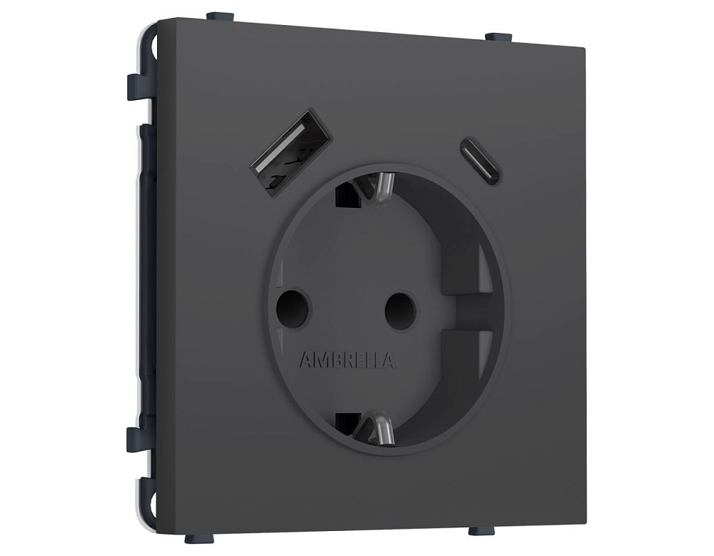 Комплект механизма электрической розетки SIGMA Графит Мягкое касание 2USB A+C 20W Ambrella Volt MS910010 (SP9100, PR160)