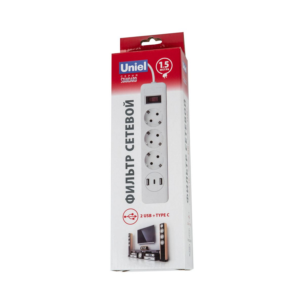 Сетевой фильтр серии Uniel Standard. шнур 1.5м Пвс 3х0.75. 3 гнезда. с-з. 2USB+1TYPE C. 10A. 2500Вт. S-GSR3-1,5 U2C1 WHITE/GREY UL-00012107