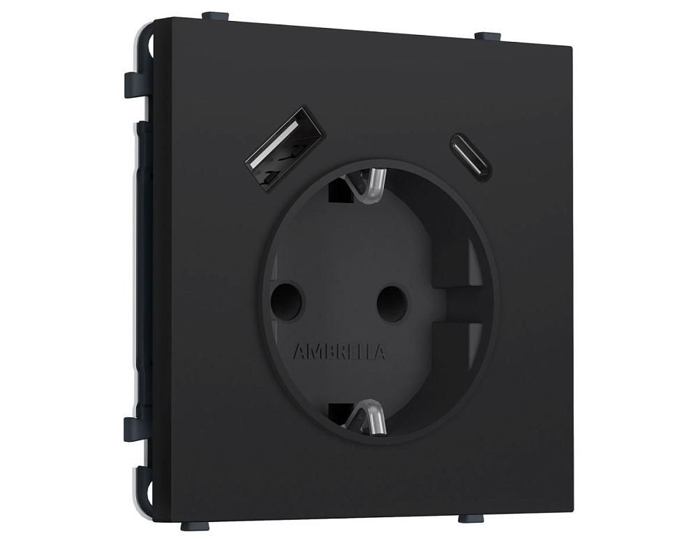 Комплект механизма электрической розетки SIGMA Черный Мягкое касание 2USB A+C 20W Ambrella Volt MS990010 (SP9900, PR160)