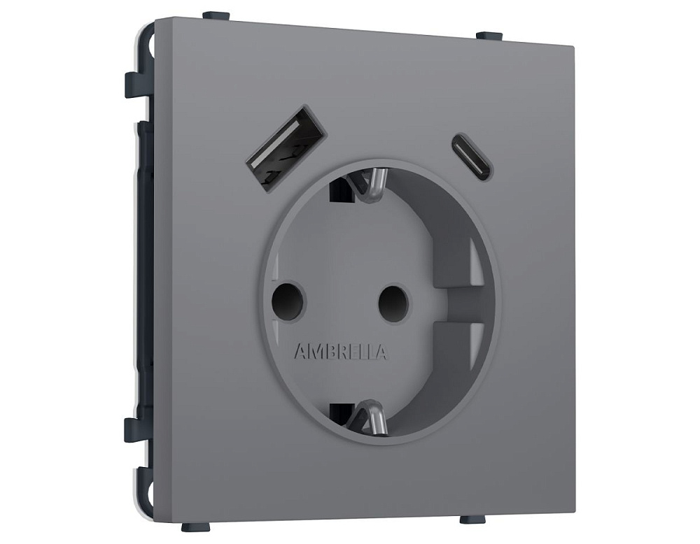 Комплект механизма электрической розетки SIGMA Платиново-серый Мягкое кас. 2USB A+C 20W Ambrella Volt MS870010 (SP8700, PR160)